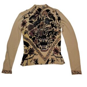 Alberto Makali Womens Tan Floral Beaded Sequin Mock Neck Knit Top Small